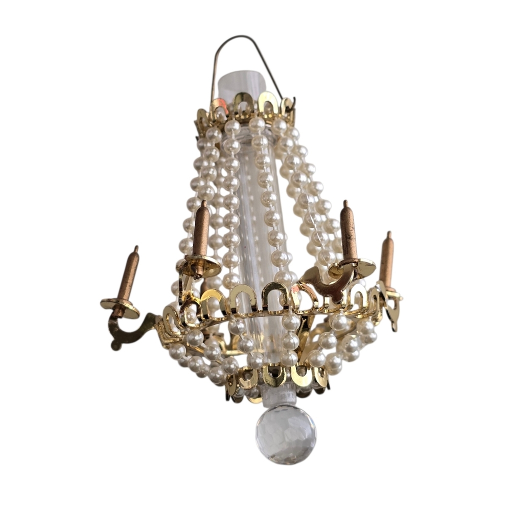 Mini Pearl Chandelier Ornament – Gold Tone & Crystal Drop – 4" Vintage Style - Picture 3 of 5
